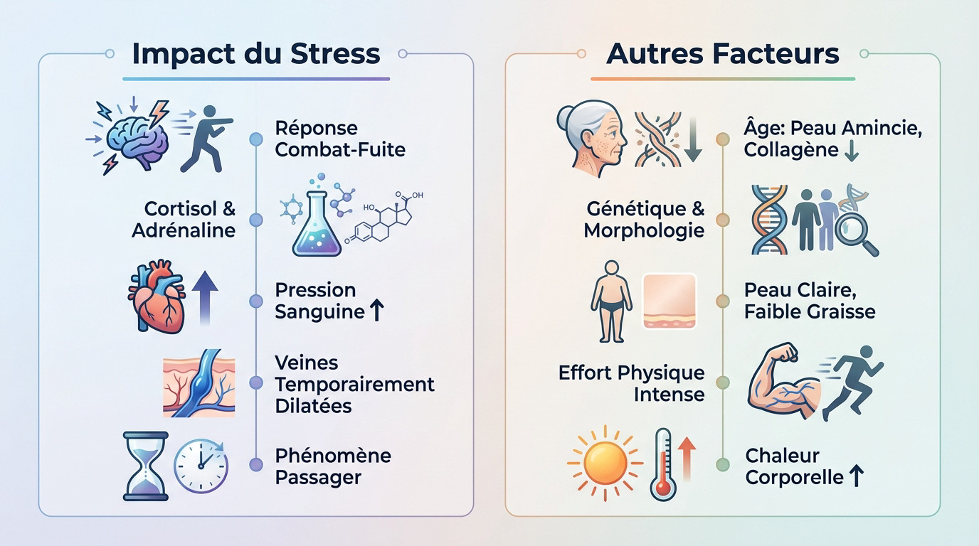 Schéma comparatif montrant une veine temporale dilatée par le stress versus d'autres facteurs physiologiques
