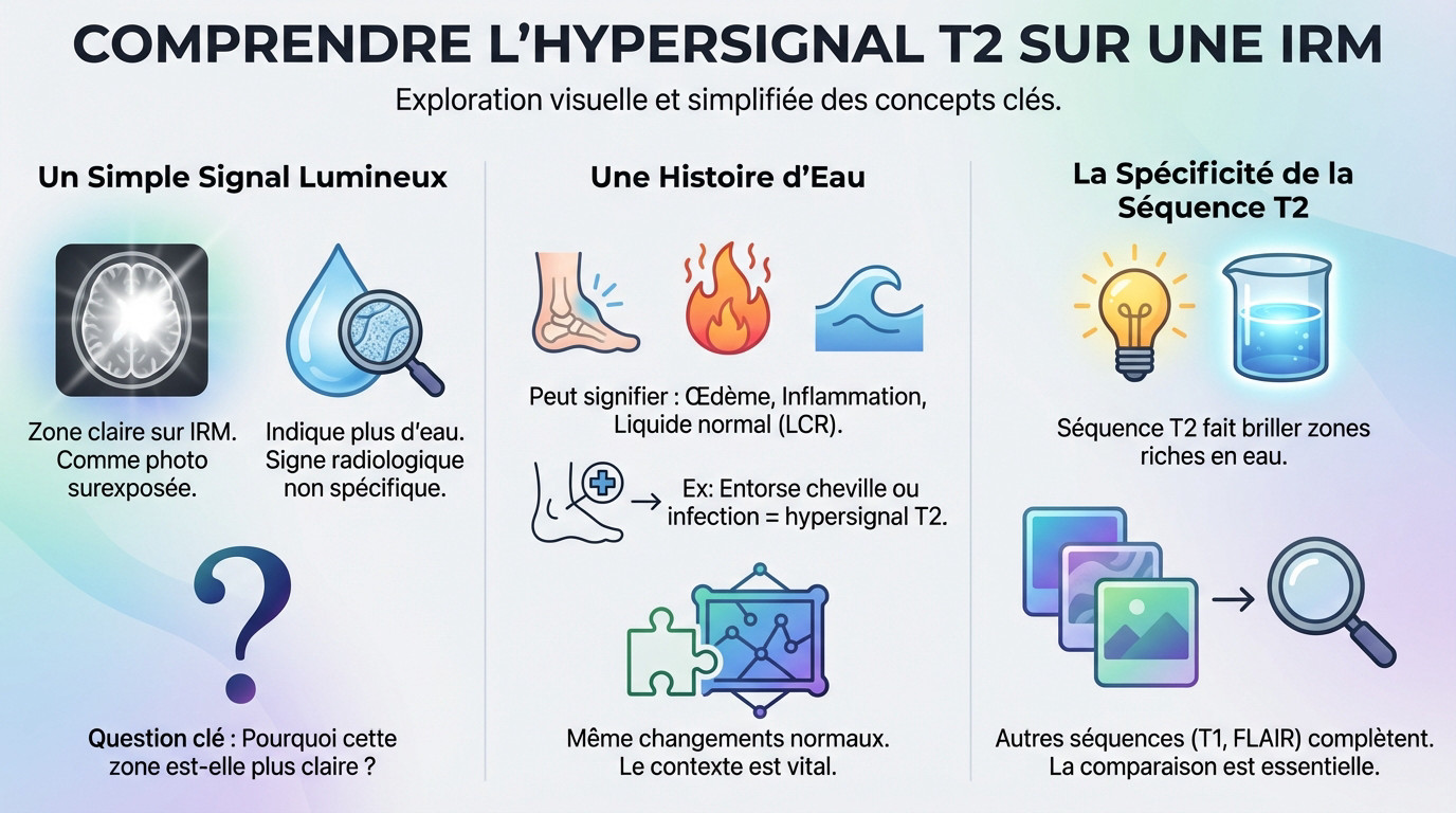Visualisation d'un hypersignal T2 sur une coupe IRM cérébrale montrant une zone hyperintense