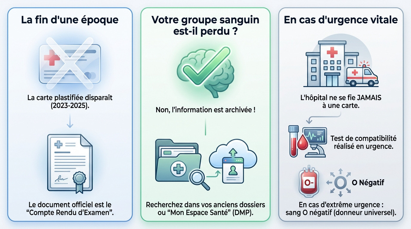 Evolution du format du groupe sanguin : de la carte physique au compte rendu d'examen médical officiel
