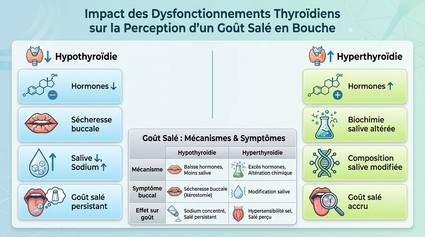 Schéma montrant l'impact des dysfonctionnements thyroïdiens sur la perception du goût salé