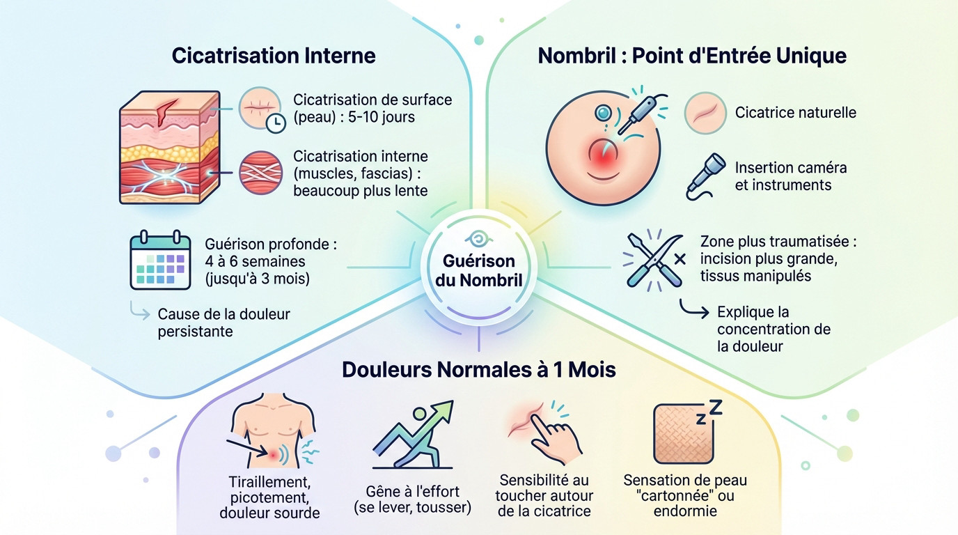 Schéma explicatif de la cicatrisation interne du nombril après une coelioscopie