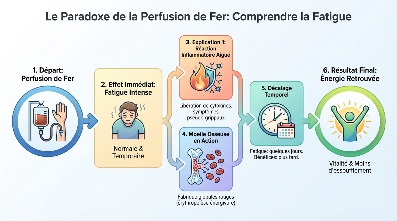 Patient ressentant une fatigue intense après une perfusion de fer, illustrant le paradoxe du traitement de l'anémie