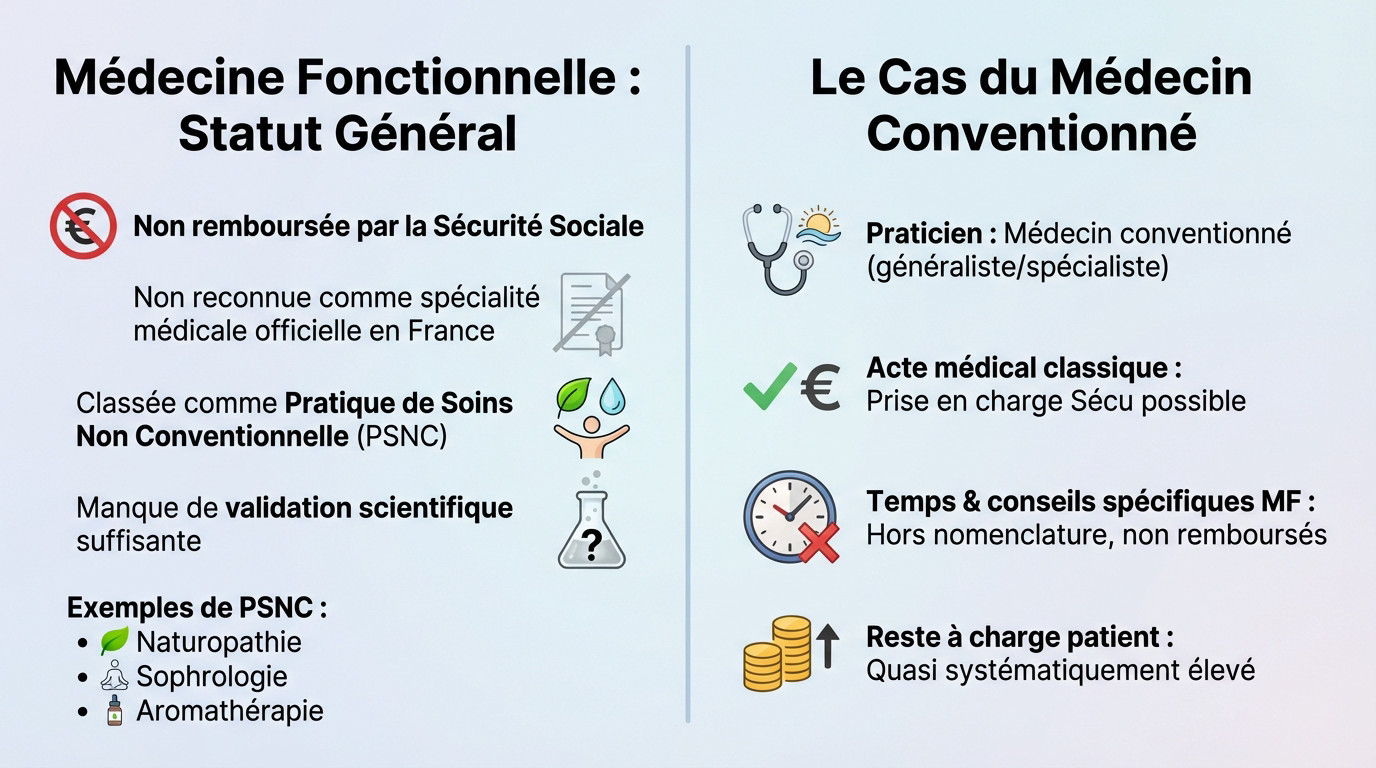 Tableau explicatif du statut de la médecine fonctionnelle et son absence de remboursement par la Sécurité Sociale
