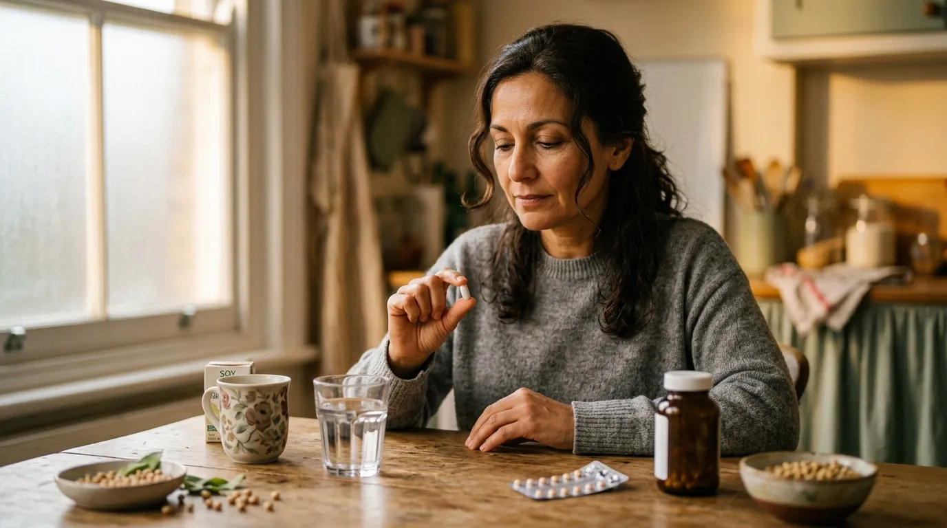 Femme à table avec médicaments et verre d'eau