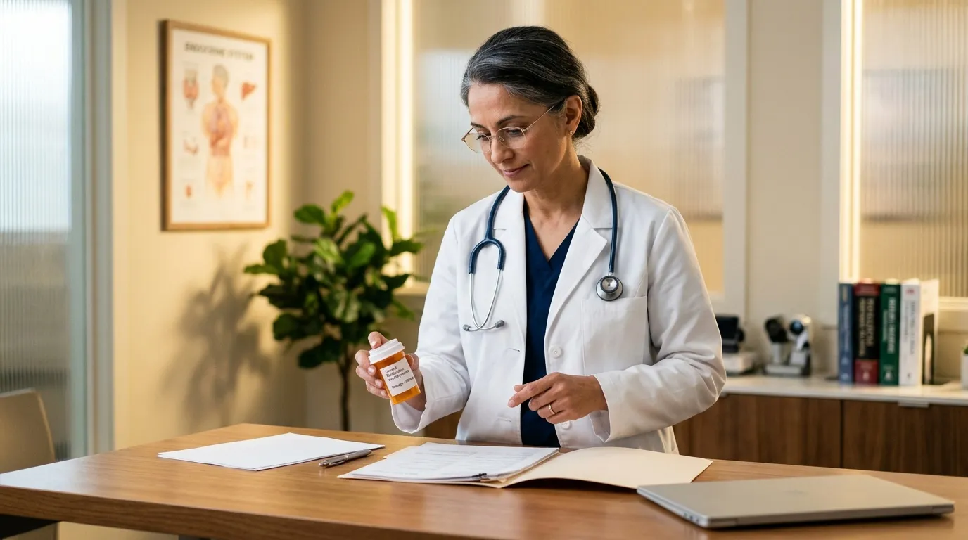 Médecin en blouse blanche tenant un flacon de médicament en consultation